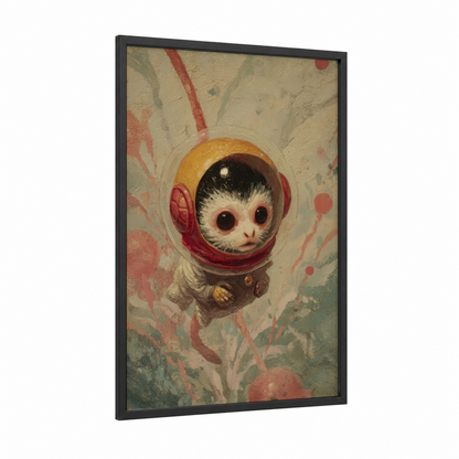 Cosmonaut Monkey framed art print — black wood frame — cream and salmon pink palette