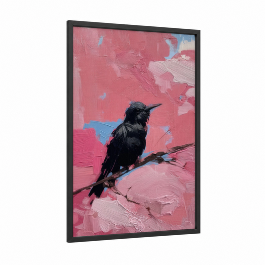 Crimson Hummingbird framed art print — black wood frame — pink and blue palette