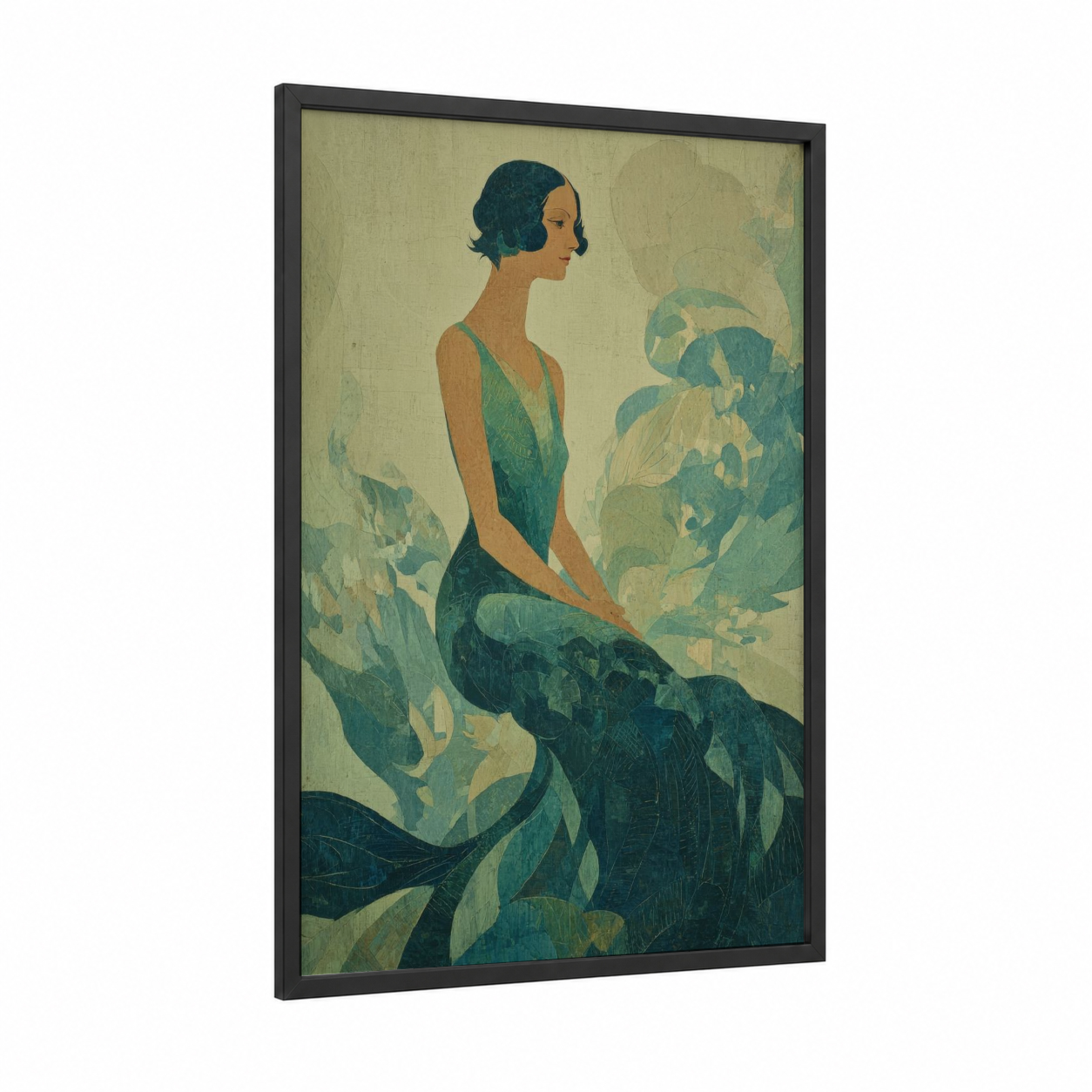 Emerald Mermaid framed art print — black wood frame — teal and beige palette