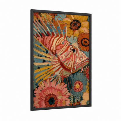 Ornate Lionfish framed art print — black wood frame — red and gold palette