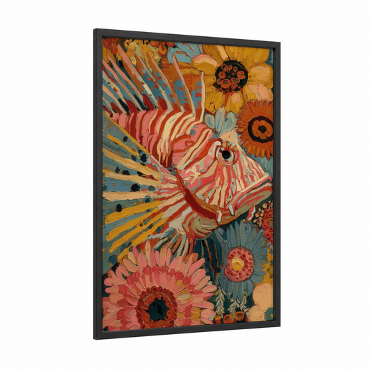 Ornate Lionfish framed art print — black wood frame — red and gold palette