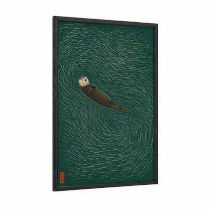 Sea Otter Ocean Waves Wall Art framed seascapes and ocean print — black wood frame — dark green and beige palette