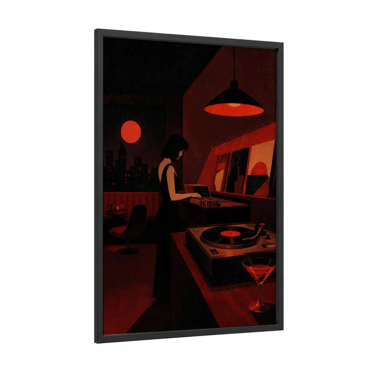 DJ Vinyl Records Night Scene Wall Art framed art print — black wood frame — red and black palette