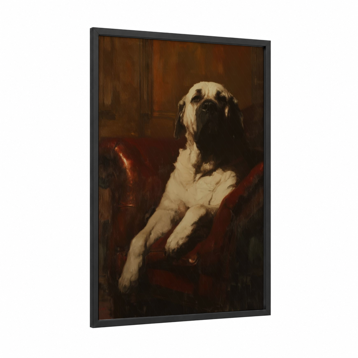 Contemplative Mastiff framed art print — black wood frame — brown and gold palette