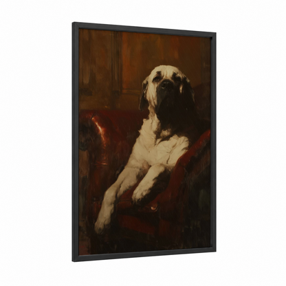 Contemplative Mastiff framed art print — black wood frame — brown and gold palette