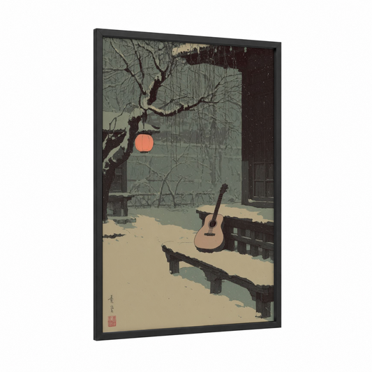 Winter Serenade framed acoustic guitar print — black wood frame — sage green and peach palette