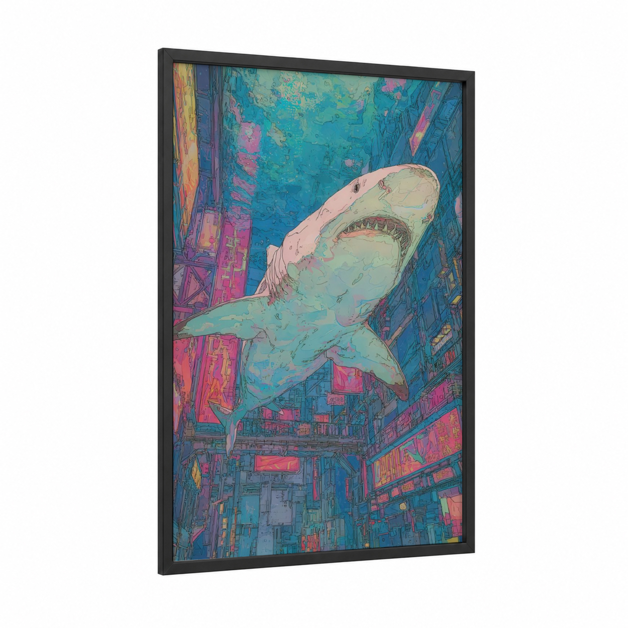 Neon Shark framed bull shark print — black wood frame — teal and magenta palette
