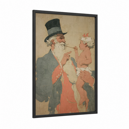 Festive Cherub Celebration framed new years eve print — black wood frame — peach and cream palette