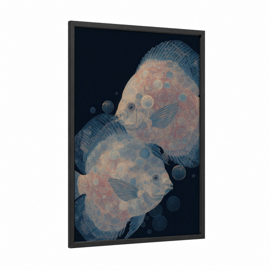 Celestial Discus Pair framed discus fish print — black wood frame — blue and salmon pink palette