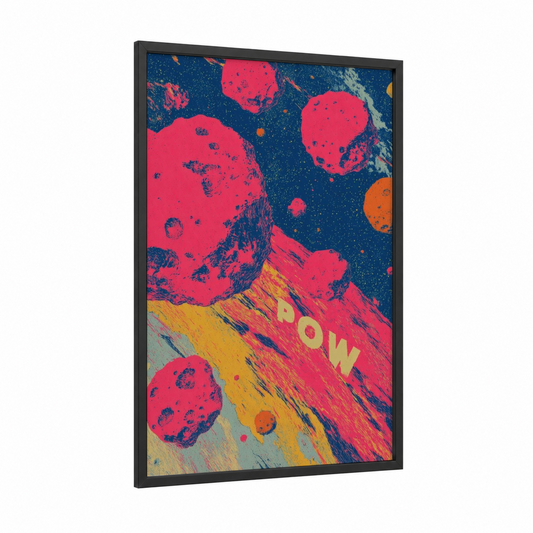 Cosmic Impact framed astroids and comets print — black wood frame — magenta and dark blue palette