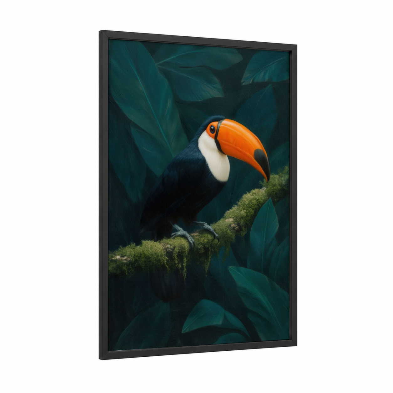 Tropical Toucan framed art print — black wood frame — teal and dark green palette