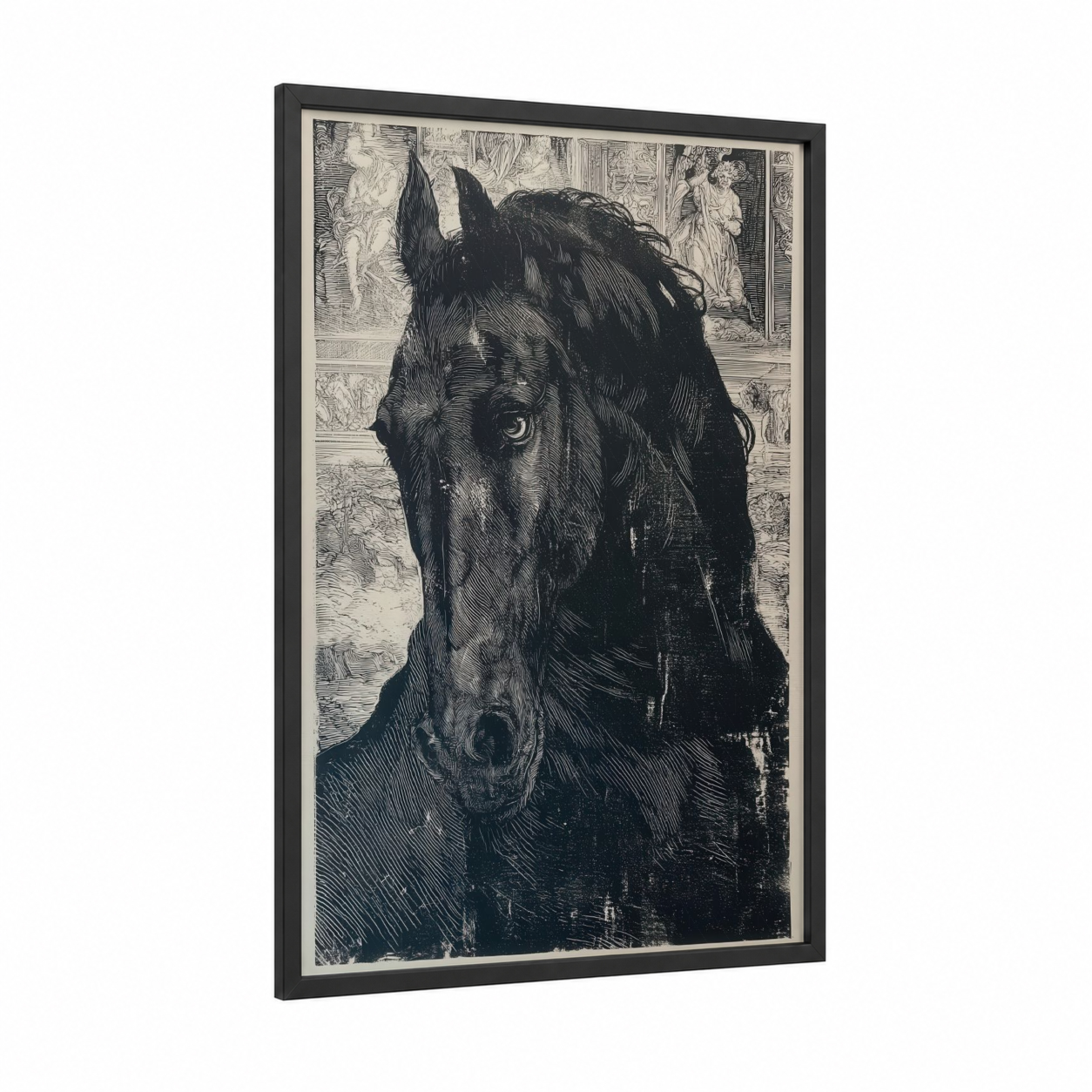Noble Andalusian framed andalusian horse print — black wood frame — black and white palette