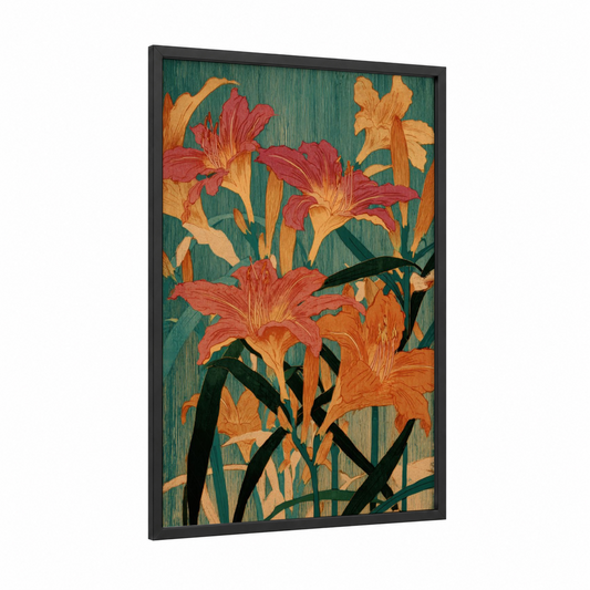Scarlet Amarillys framed art print — black wood frame — red and gold palette