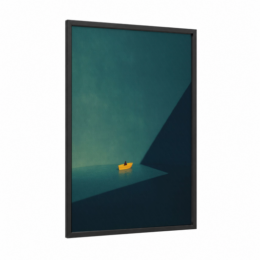 Solitary Boat framed rafting print — black wood frame — teal and blue palette
