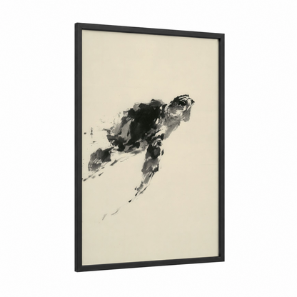 Minimalist Turtle framed art print — black wood frame — black and white and cream palette