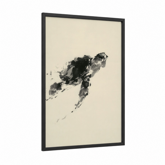 Minimalist Turtle framed art print — black wood frame — black and white and cream palette