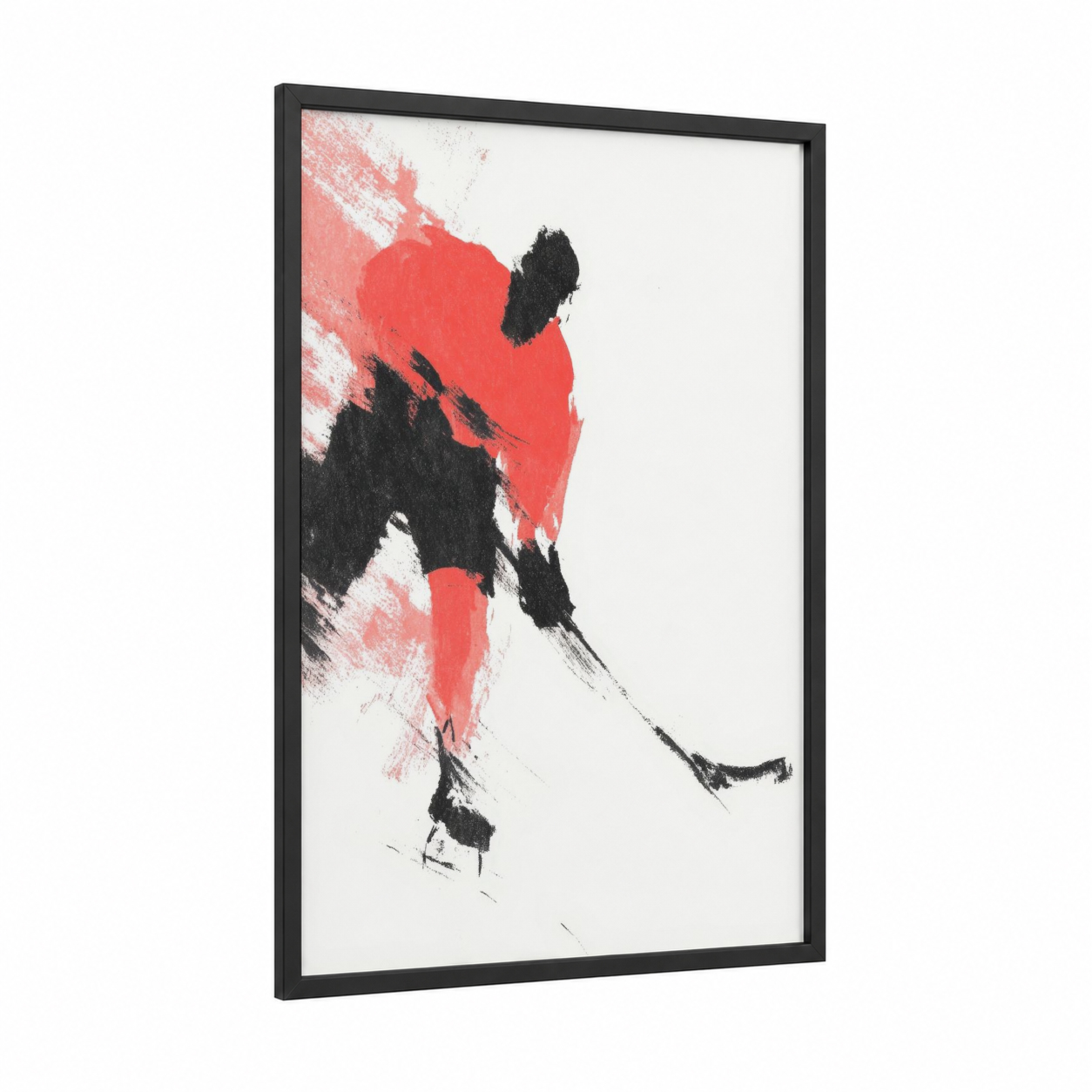 Dynamic Hockey Player framed ice hockey print — black wood frame — red and black and white palette