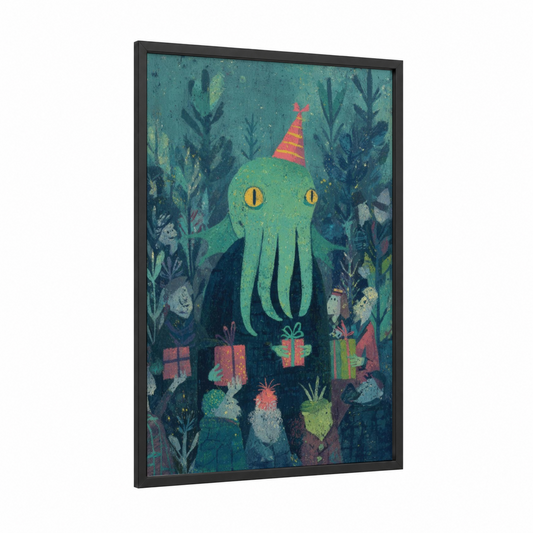 Party Cthulhu framed art print — black wood frame — teal and green palette
