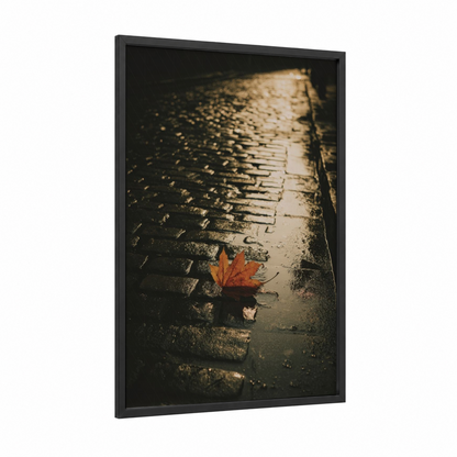 Autumn Leaf Pavement framed art print — black wood frame — gold and black palette