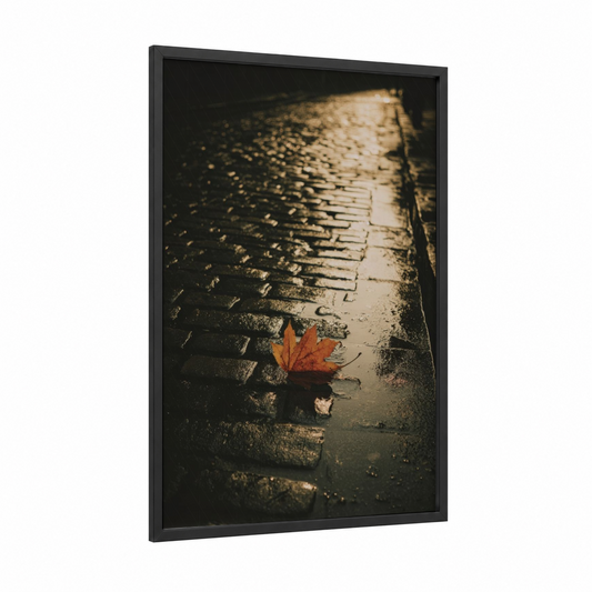 Autumn Leaf Pavement framed art print — black wood frame — gold and black palette