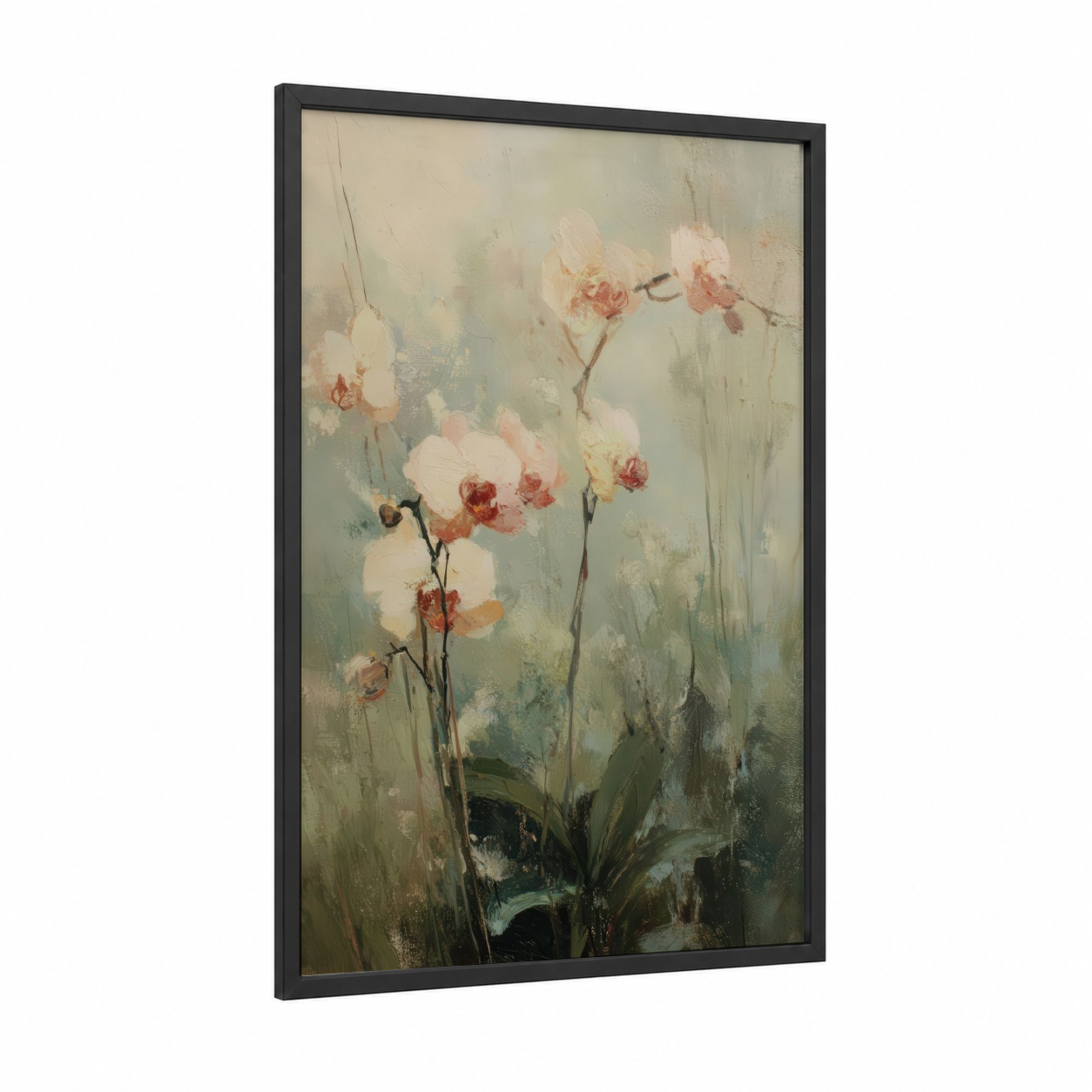Delicate Orchid Study framed art print — black wood frame — cream and sage green palette