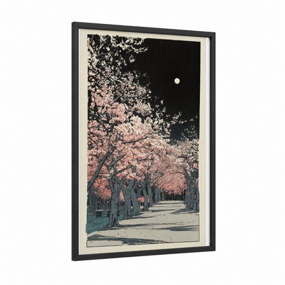 Moonlit Cherry Blossom framed cherry blossoms print — black wood frame — salmon pink and black palette