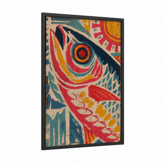 Colorful Wahoo framed art print — black wood frame — red and yellow gold palette