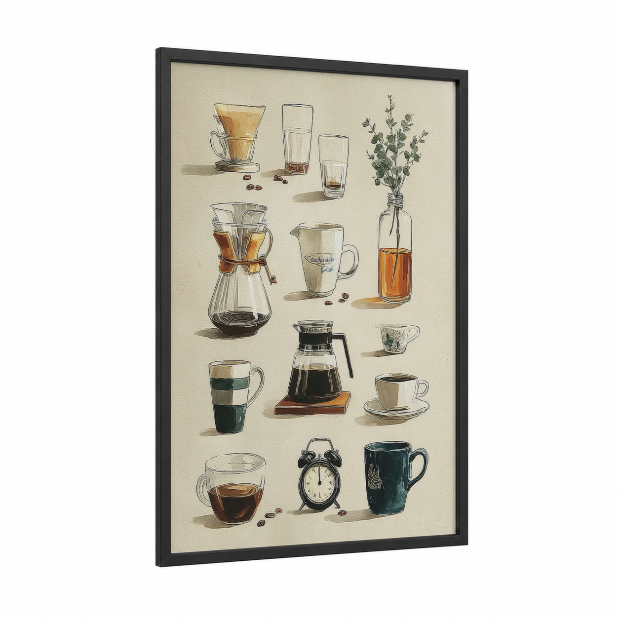 Coffee Brewing Collection framed art print — black wood frame — cream and brown palette