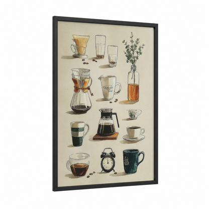 Coffee Brewing Collection framed art print — black wood frame — cream and brown palette