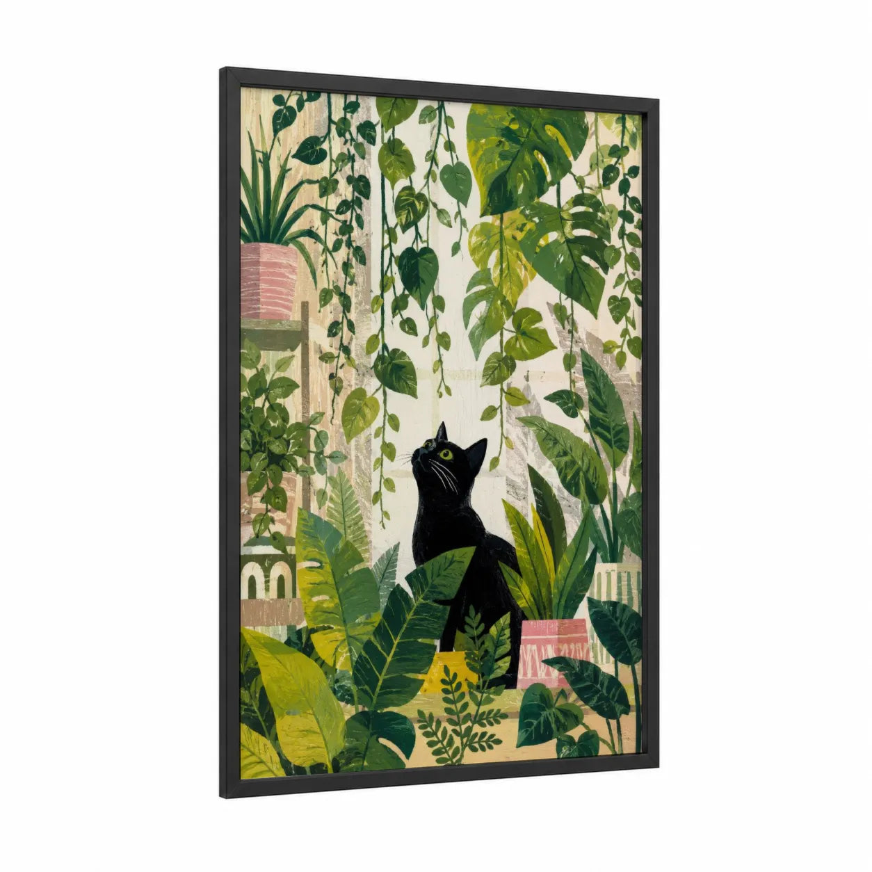 Black Cat Tropical Garden Wall Art framed art print — black wood frame — true green and cream palette