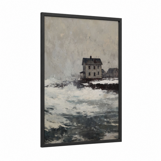 Snowy Coastal House framed beach town print — black wood frame — gray and blue and white palette