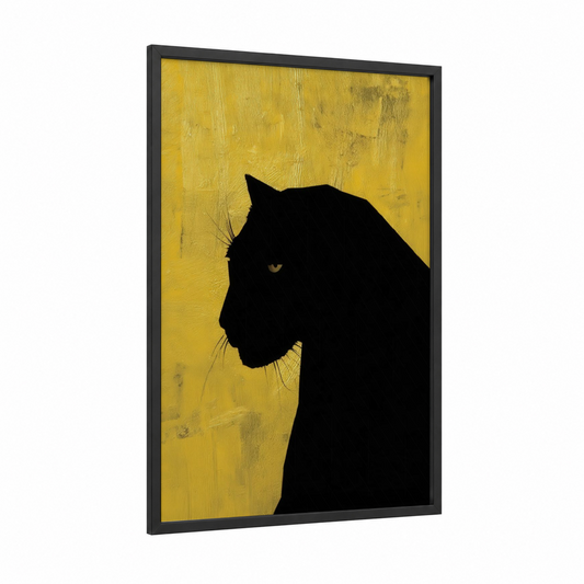 Golden Panther framed art print — black wood frame — yellow gold and black palette
