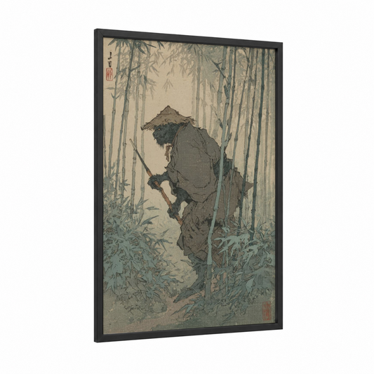 Orc in Bamboo Forest framed art print — black wood frame — gray and sage green palette