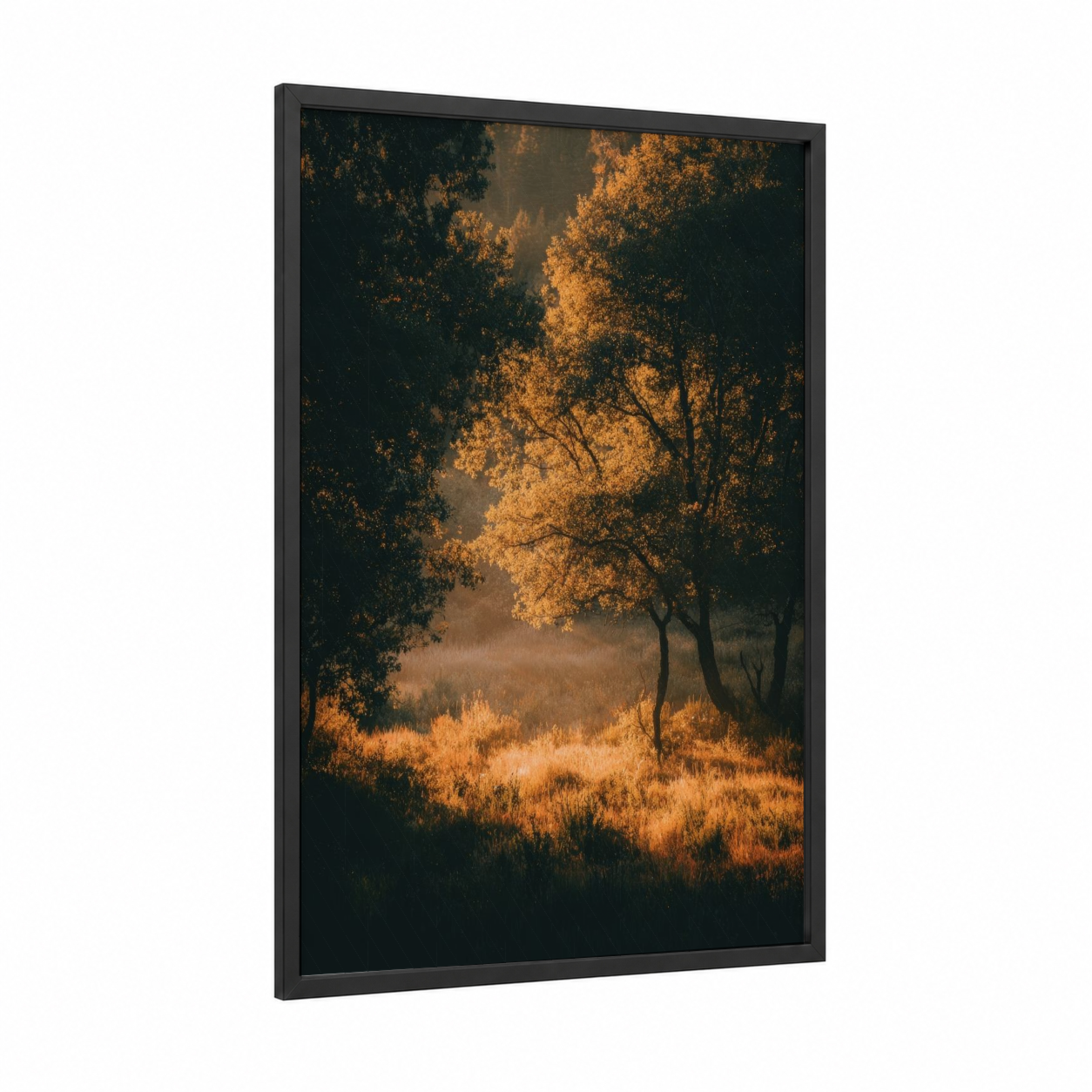 Golden Oak Forest framed art print — black wood frame — gold and black palette