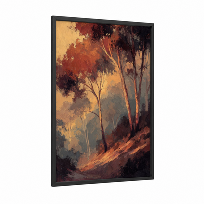 Golden Eucalyptus Forest framed art print — black wood frame — gold and russet palette