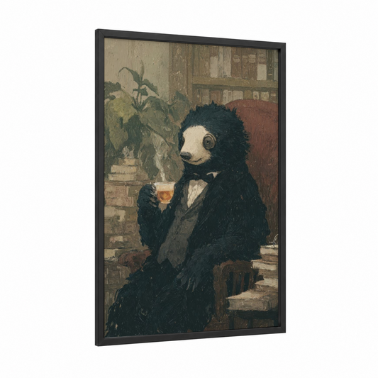 Dapper Sloth Bear framed art print — black wood frame — beige and brown palette