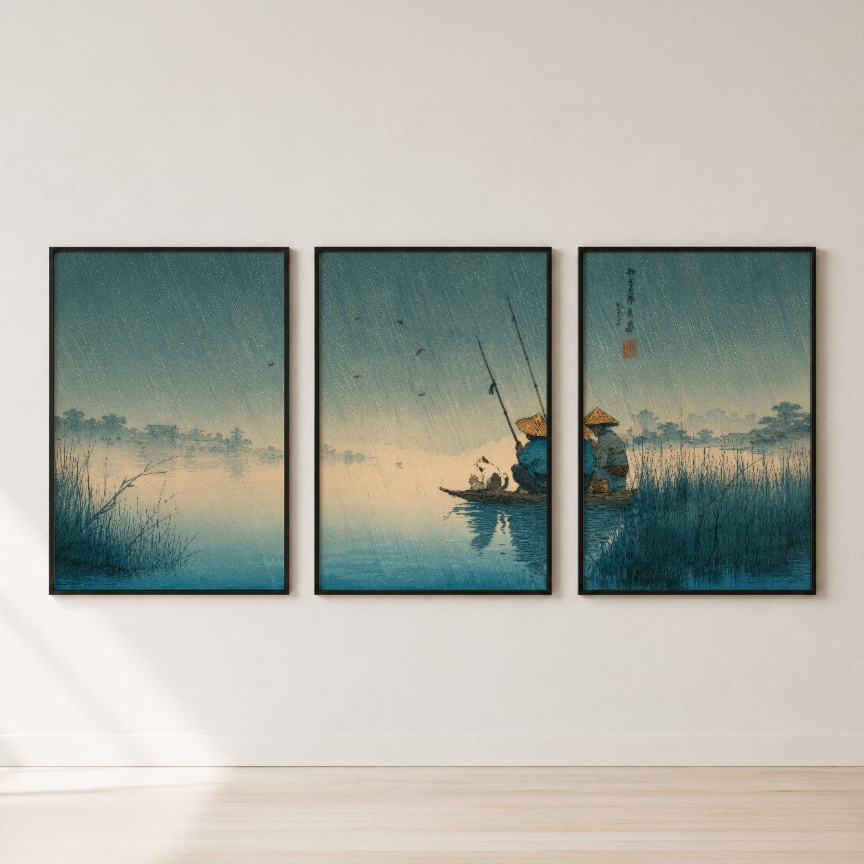 Japanese Fishermen in Rain Triptych Wall Art — set hero