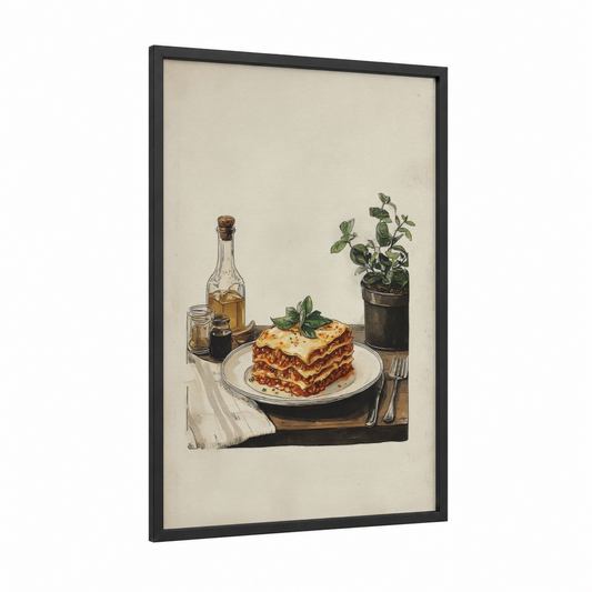 Layered Lasagna Table framed pasta print — black wood frame — cream and gold palette