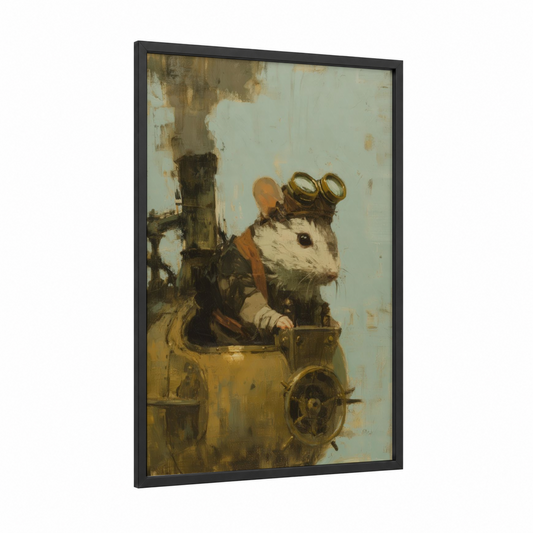 Steampunk Adventurer framed gerbil print — black wood frame — sage green and gold palette
