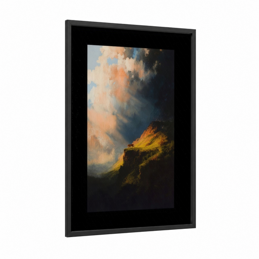 Golden Tiger Summit framed art print — black wood frame — gold and blue palette