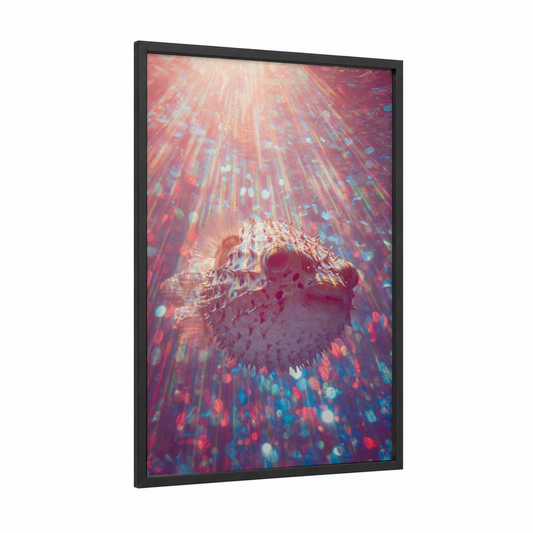 Neon Puffer Fish framed art print — black wood frame — magenta and blue palette
