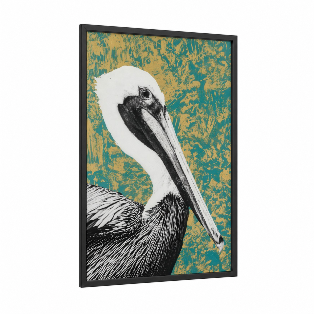 Golden Pelican Portrait framed art print — black wood frame — teal and gold palette