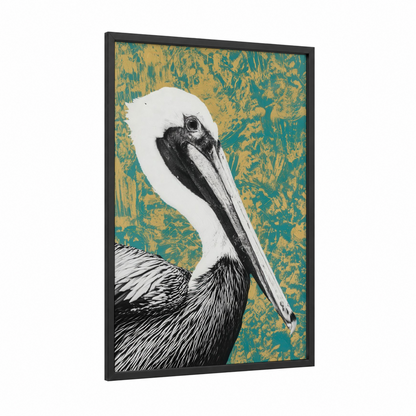 Golden Pelican Portrait framed art print — black wood frame — teal and gold palette