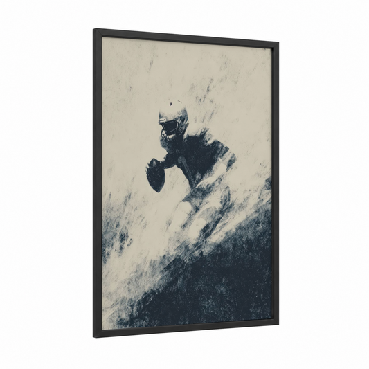 Aerial Football framed art print — black wood frame — black and white palette