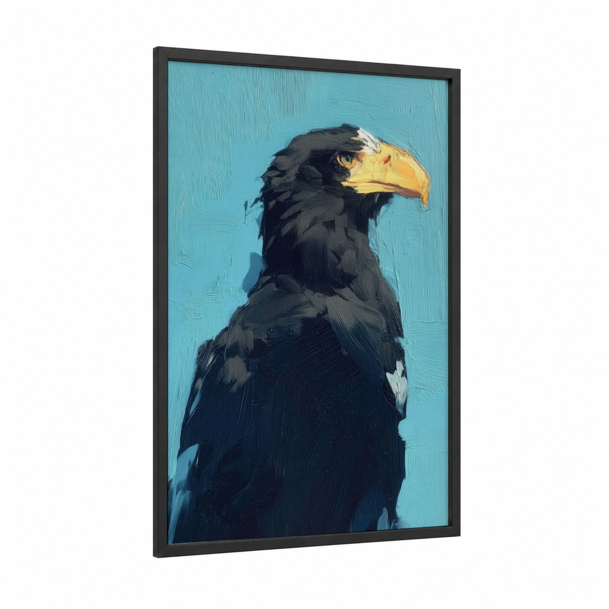 Golden Eagle Portrait framed art print — black wood frame — blue and gold palette