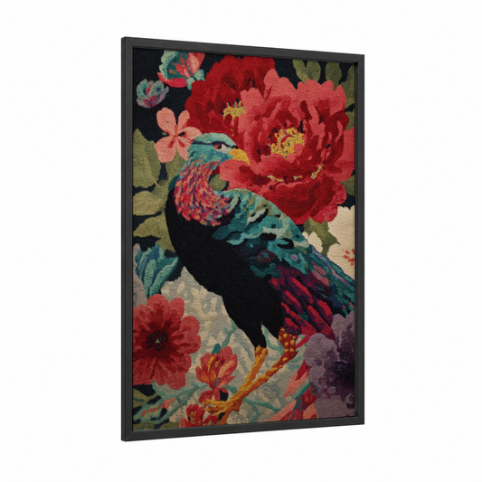 Jeweled Griffin framed art print — black wood frame — red and teal palette