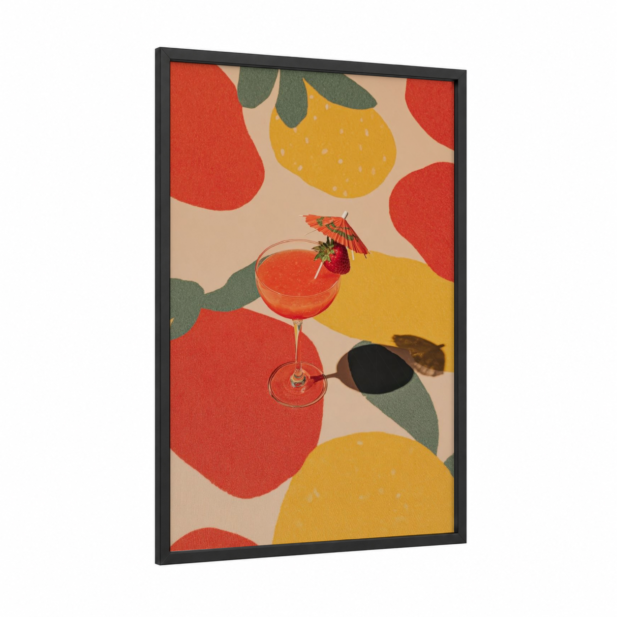 Tropical Cocktail framed art print — black wood frame — red and yellow gold palette