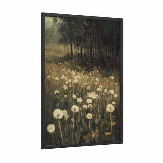 Forest Dandelion framed art print — black wood frame — cream and olive palette