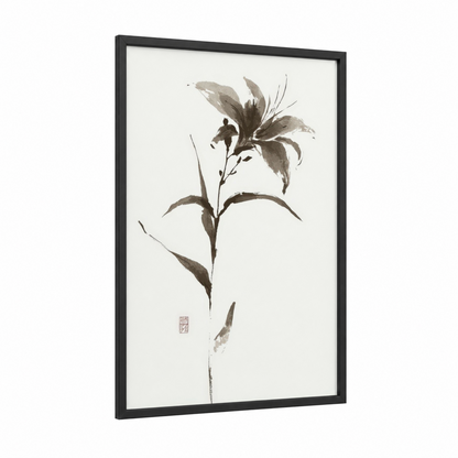 Ink Lily Study framed art print — black wood frame — black and white and gray palette