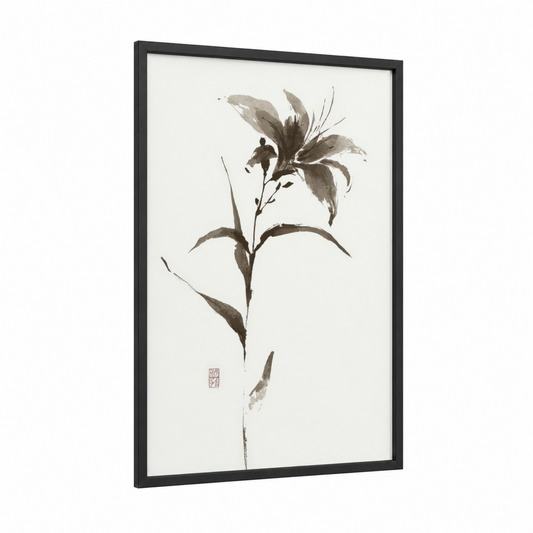 Ink Lily Study framed art print — black wood frame — black and white and gray palette
